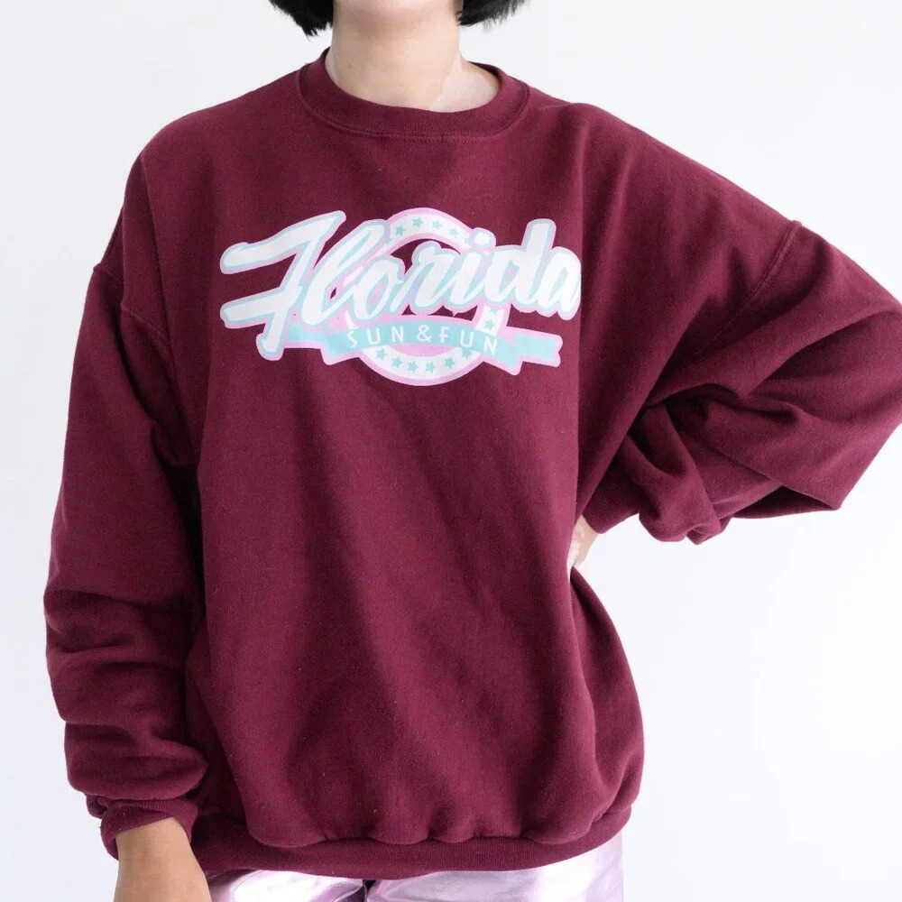 Vintage Jerzees 90's Maroon with Pink Florida Sun And Fun Crewneck Sweater Xl
